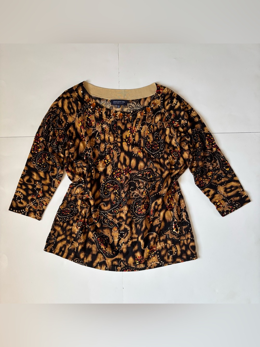 Jones New York Leopard Paisley Scoop Neck Silk Beaded Top Brown Black and Red